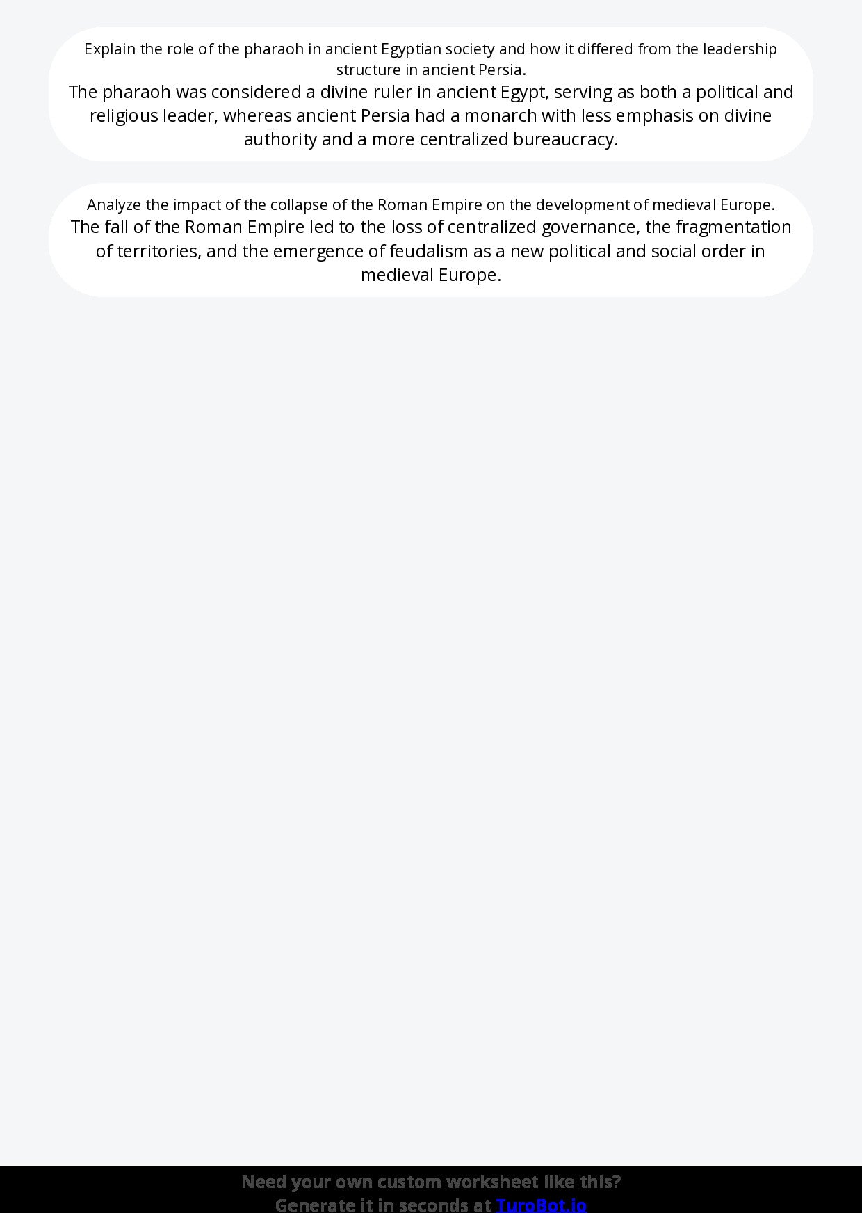 Free Worksheet - Year 10 Ancient History Comparing Ancient Civilisations Short Answer Response