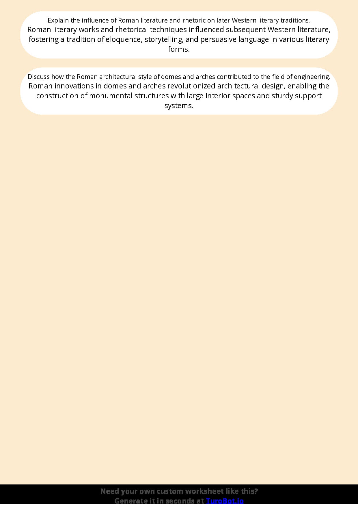 Free Worksheet - Year 7 Ancient History The Achievements of Ancient Rome Short Answer Response