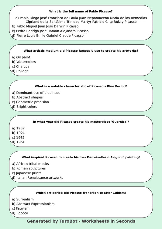 Art - Worksheet: Pablo Picasso Quiz & Activities