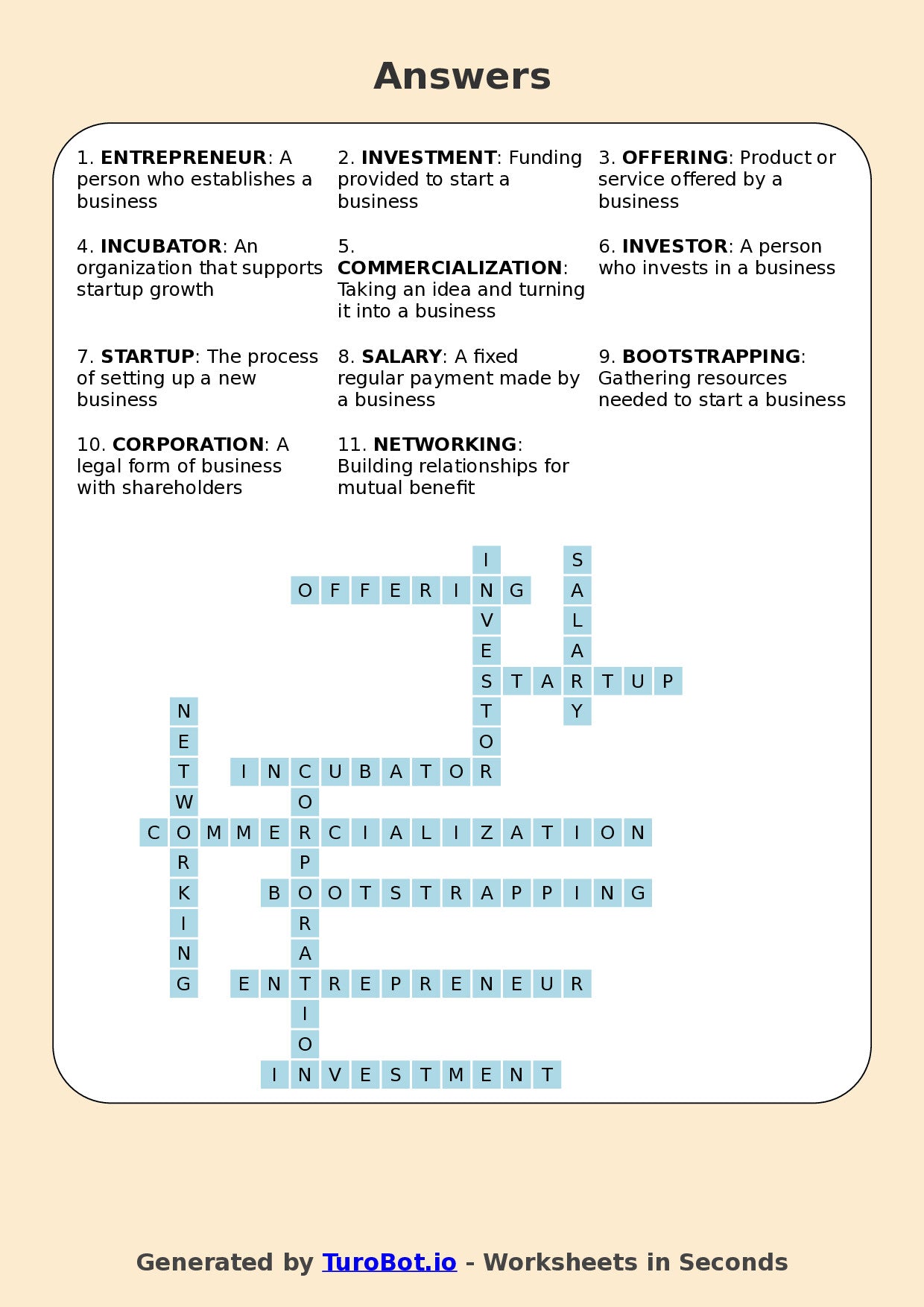 Business - Year 12 - Crossword - Entrepreneurship and Start-up Terms