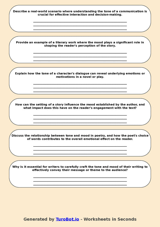 English - Year 11 Worksheet: Understanding Tone in Literature
