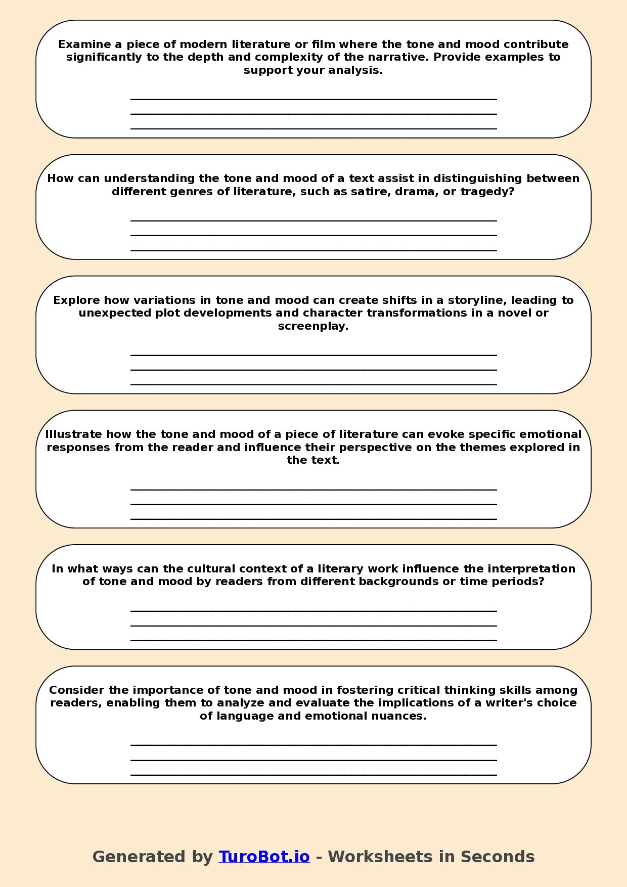 English - Year 11 Worksheet: Understanding Tone in Literature