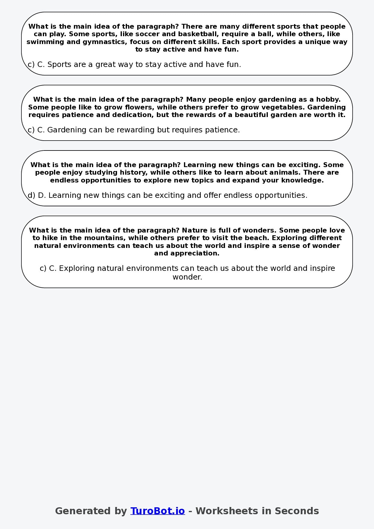 Year 5 English Multiple Choice Worksheet – Identifying Main Idea in a Paragraph