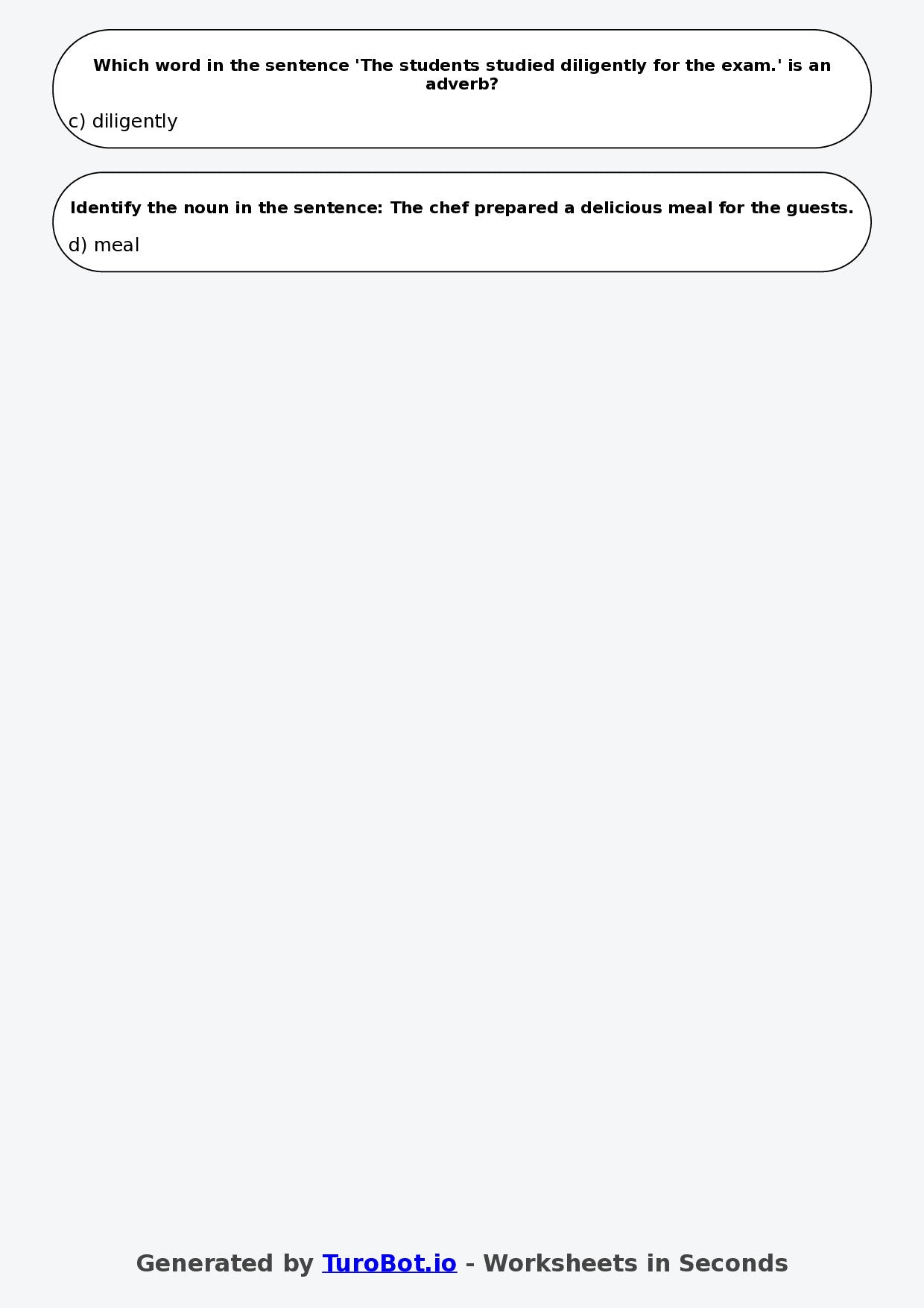 Year 6 English Multiple Choice Worksheet – Nouns Verbs and Adjectives Review