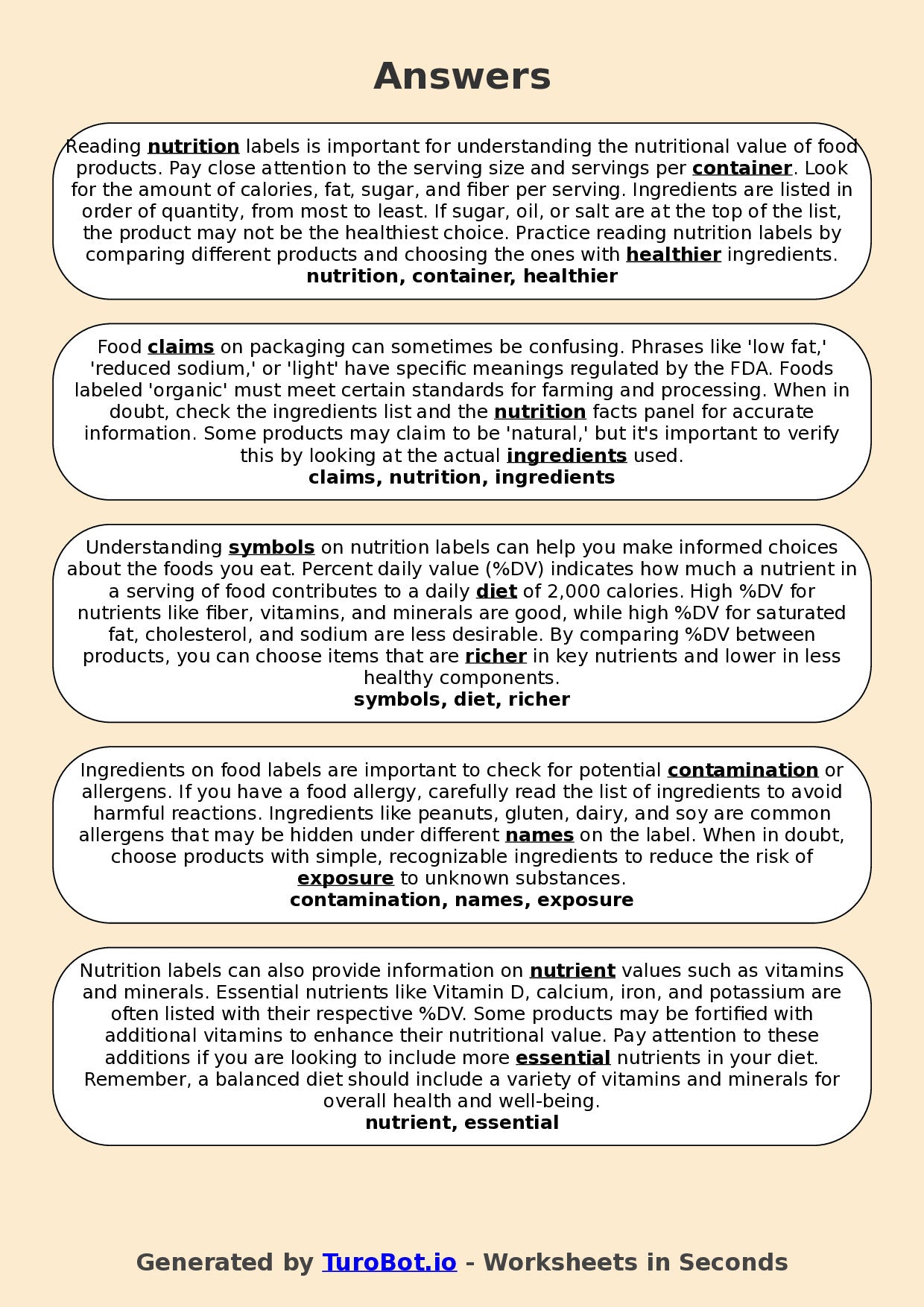 Year 6 Family and Consumer Science Fill in the Blanks Worksheet – Nutrition Labels and Ingredients