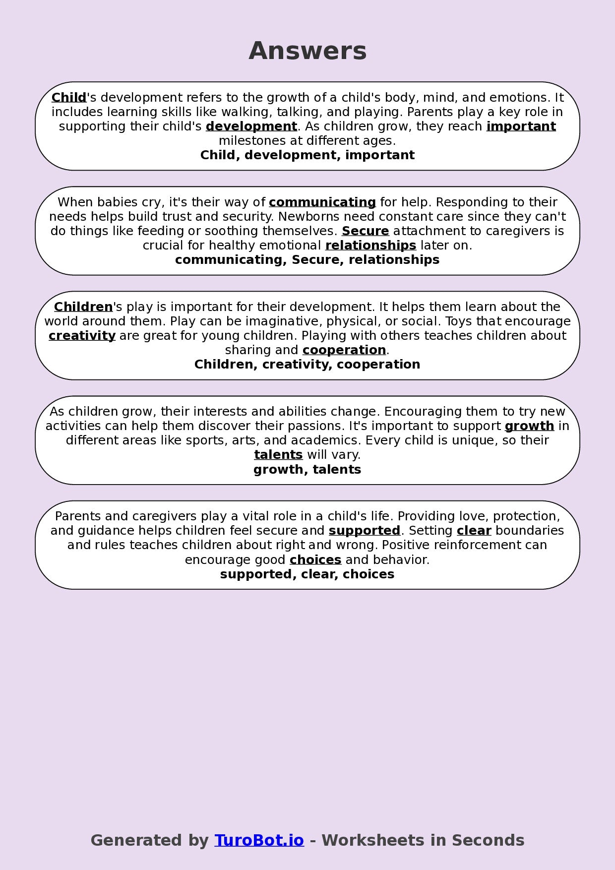 Year 8 Family and Consumer Science Fill in the Blanks Worksheet – Child Development Vocabulary
