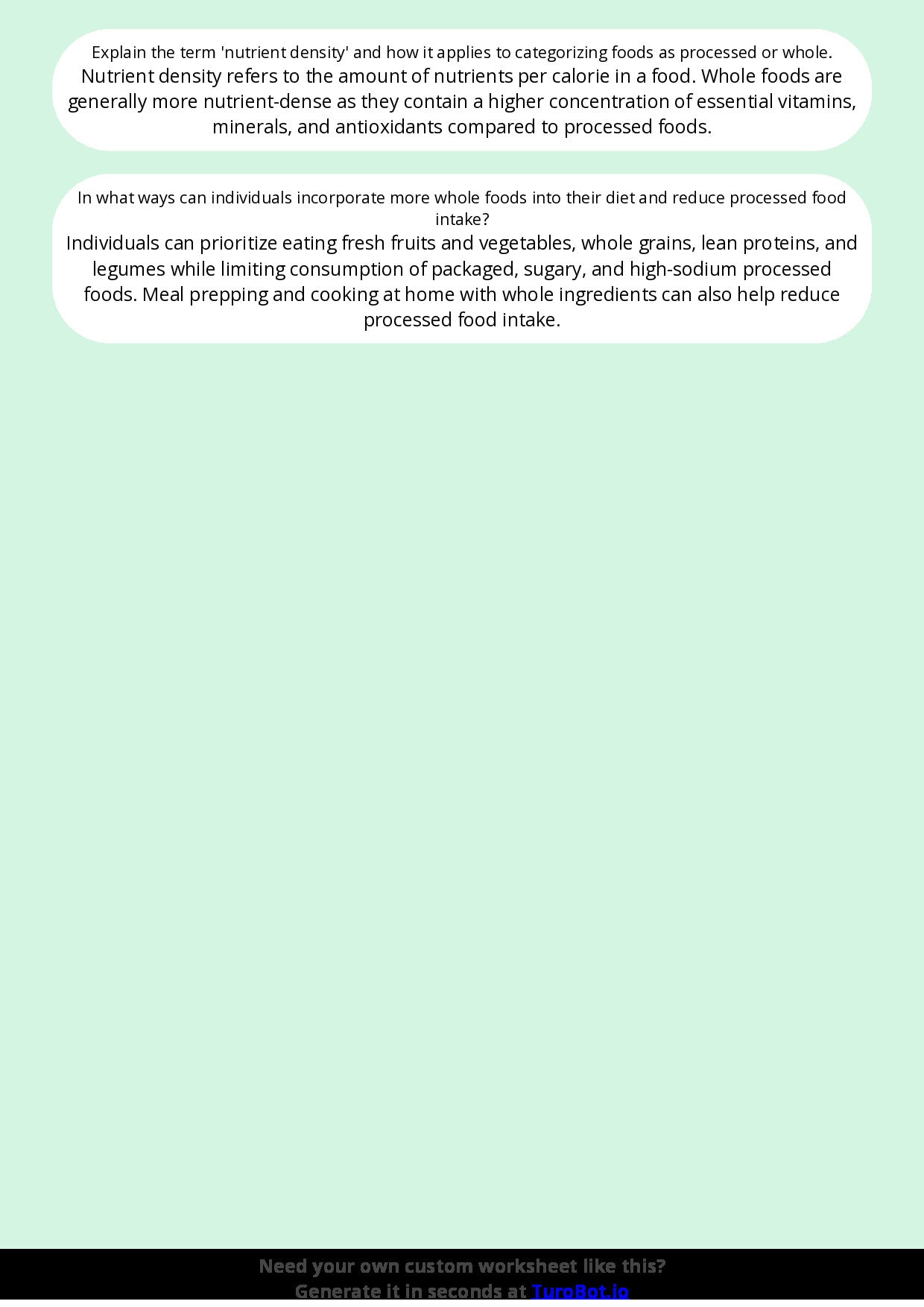 Free Worksheet - Year 9 Food Technology Comparing Processed and Whole Foods Short Answer Response