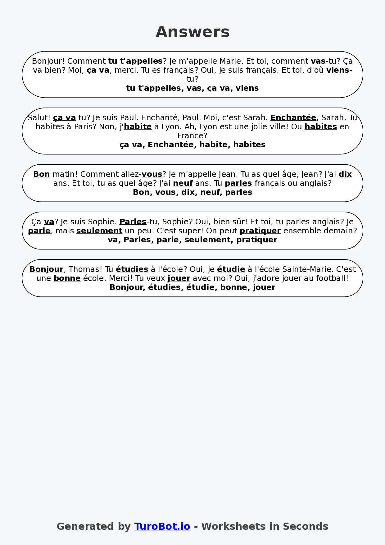 Year 5 French Fill in the Blanks Worksheet – Basic French Greetings and Introductions