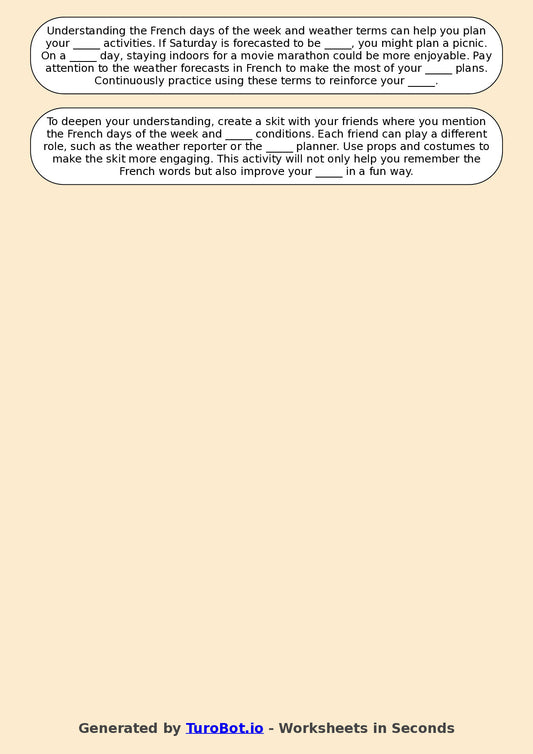 Year 7 French Fill in the Blanks Worksheet – French Days of the Week and Weather Terms