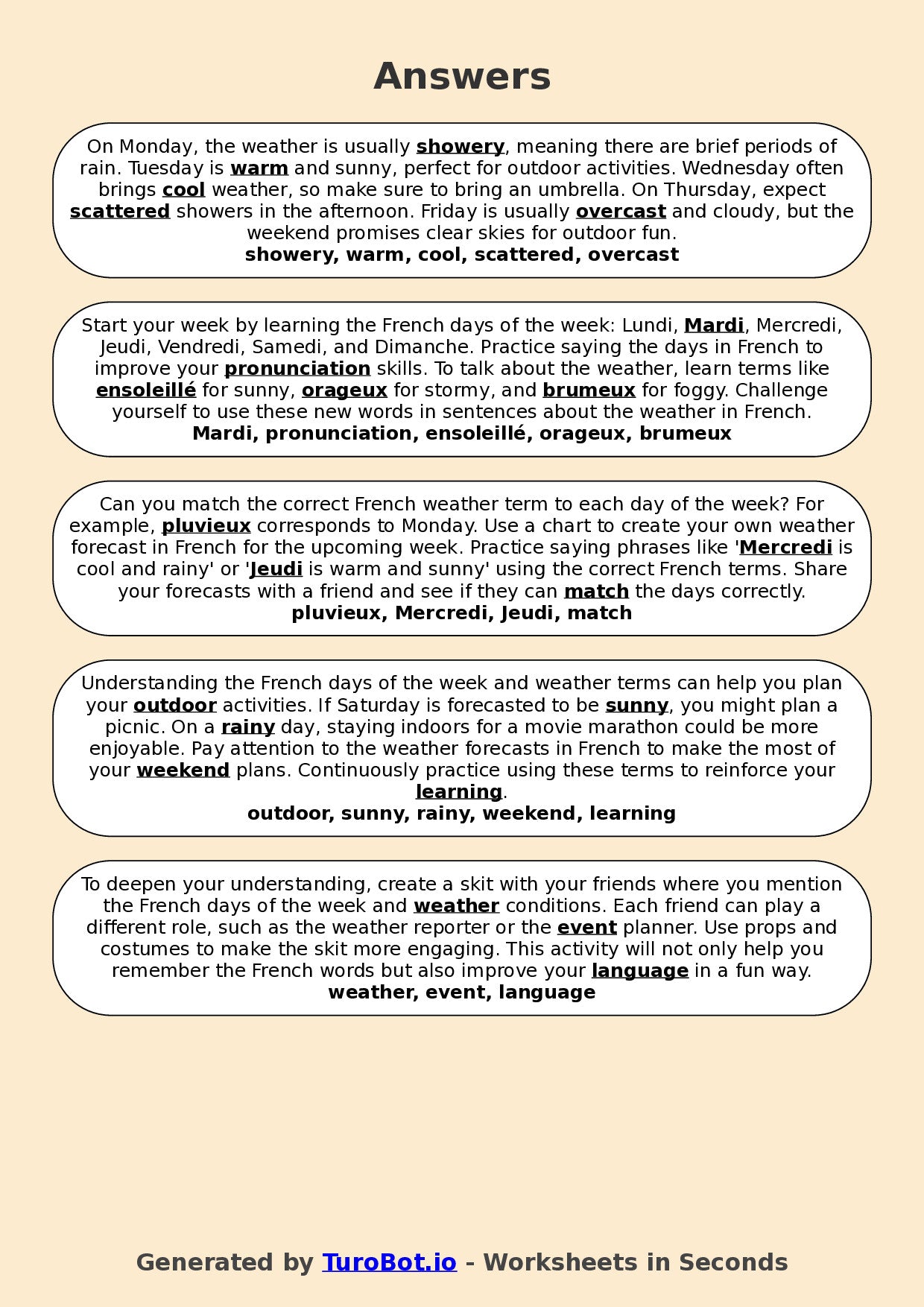 Year 7 French Fill in the Blanks Worksheet – French Days of the Week and Weather Terms