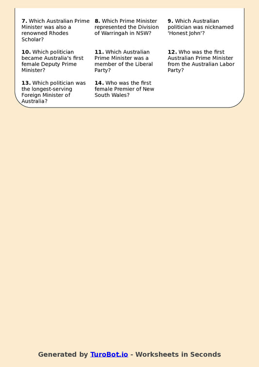 Year 10 General Knowledge Crossword Worksheet β Names of Famous Australian Politicians