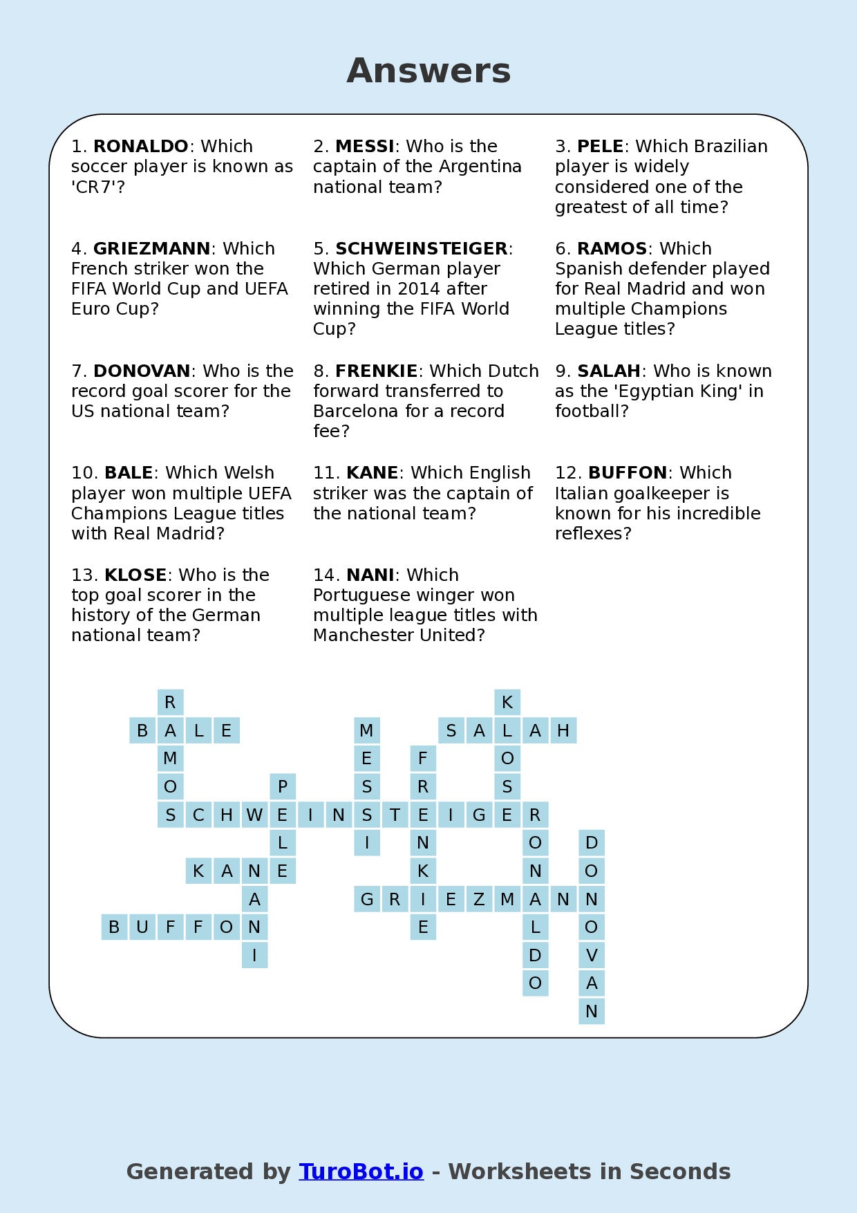 Year 5 General Knowledge Crossword Worksheet – Names of Famous Soccer Players