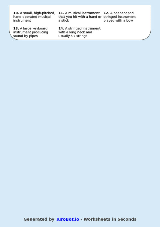 Year 5 General Knowledge Crossword Worksheet β Names of Musical Instruments