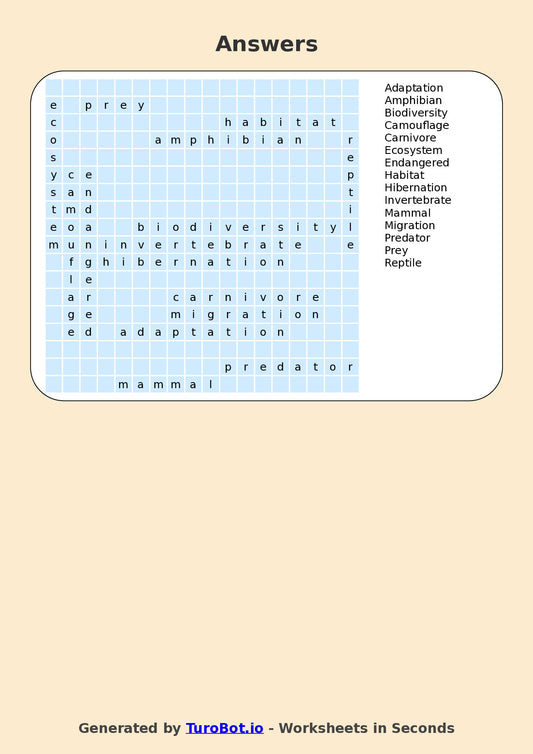 Year 5 General Knowledge Find a Word Worksheet β Animal Species