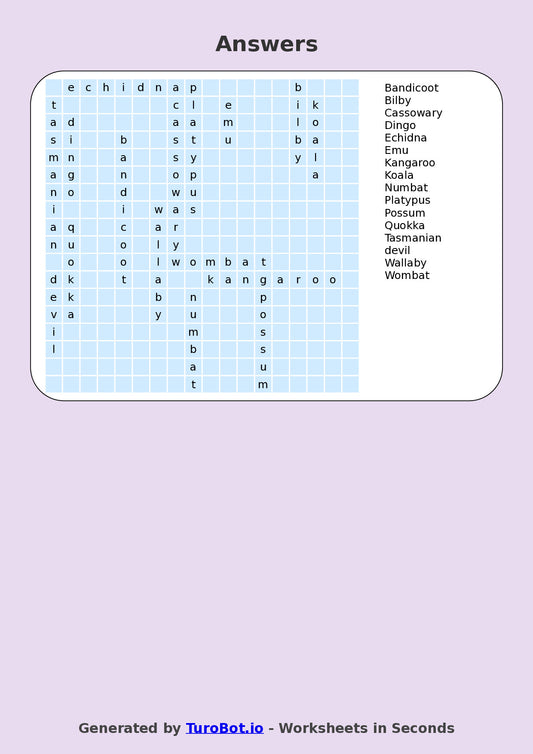 Year 5 General Knowledge Find a Word Worksheet β Names of Australian Animals