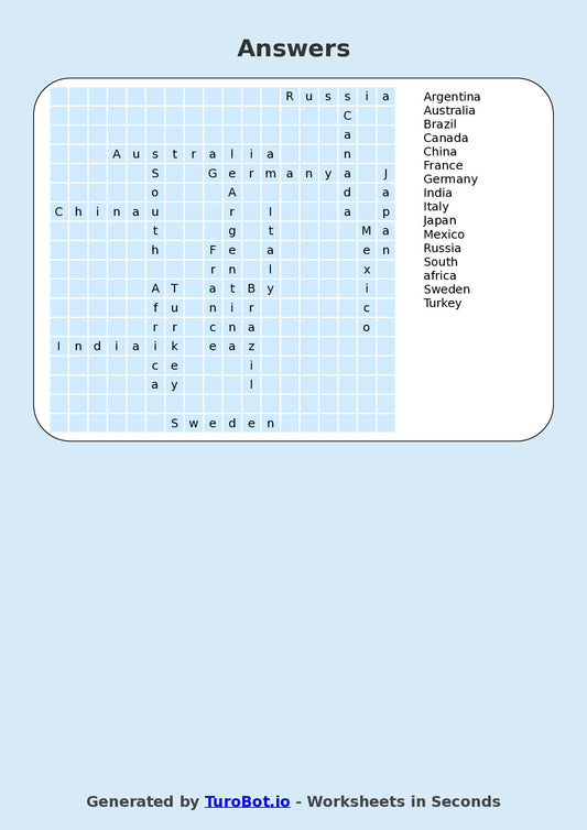 Year 5 General Knowledge Find a Word Worksheet β Names of Countries of the World