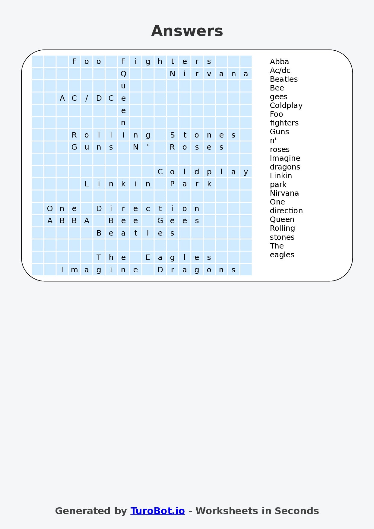Year 5 General Knowledge Find a Word Worksheet – Names of Famous Bands