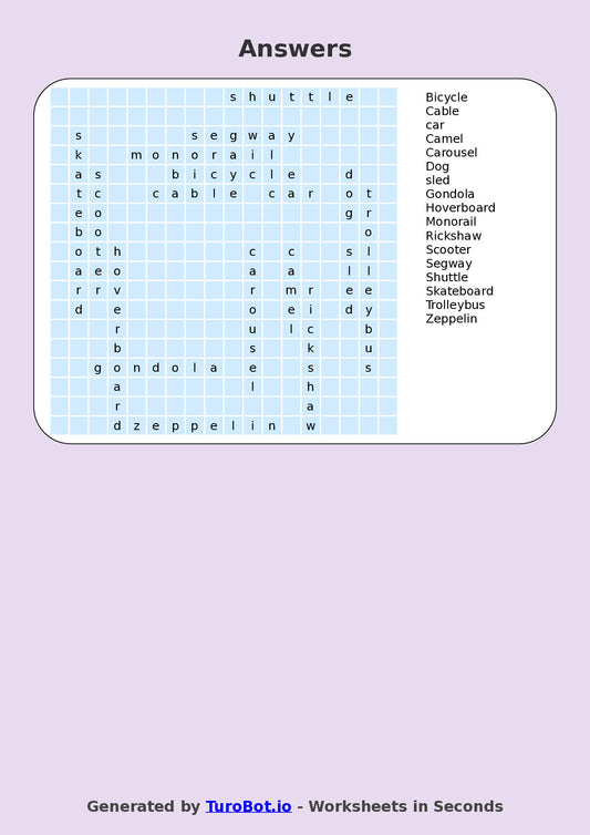 Year 5 General Knowledge Find a Word Worksheet β Transport & Vehicles