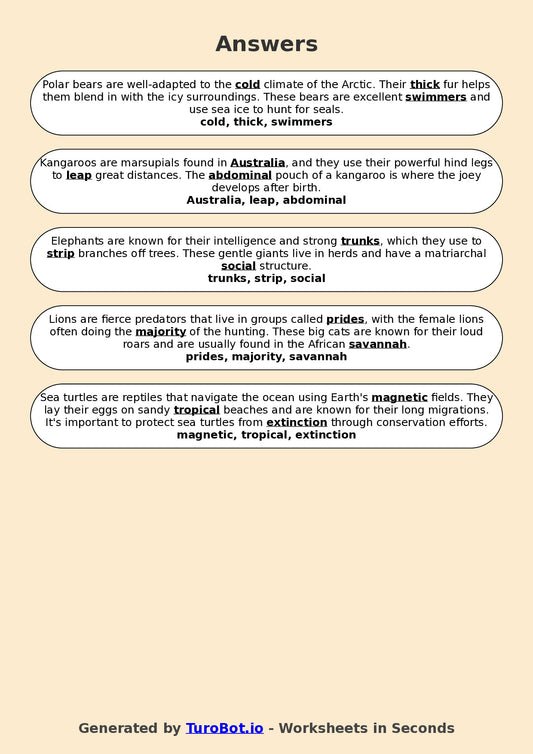Year 6 General Knowledge Fill in the Blanks Worksheet β Popular Animals and Habitats