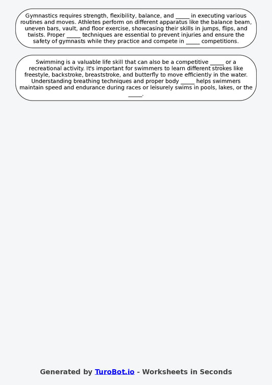 Year 6 General Knowledge Fill in the Blanks Worksheet β Sports and Activities