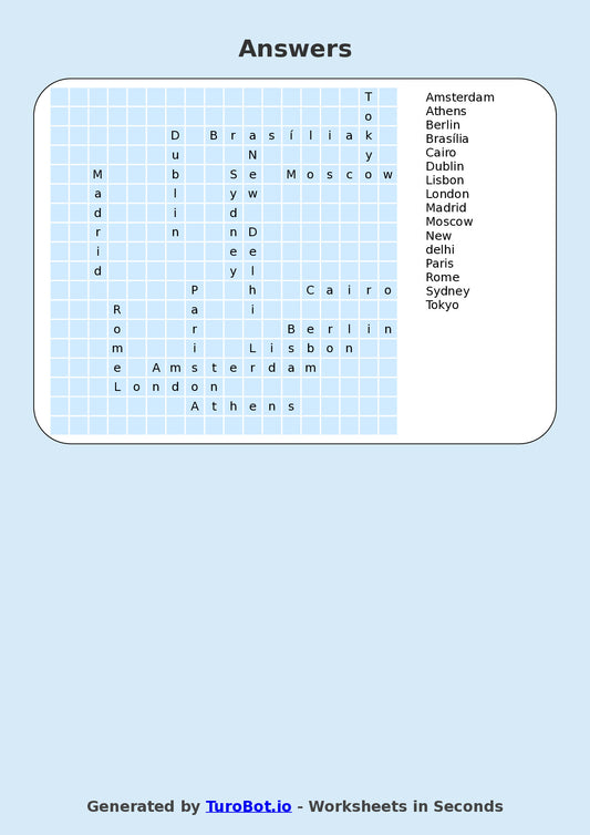 Year 6 General Knowledge Find a Word Worksheet β Names of Capital Cities