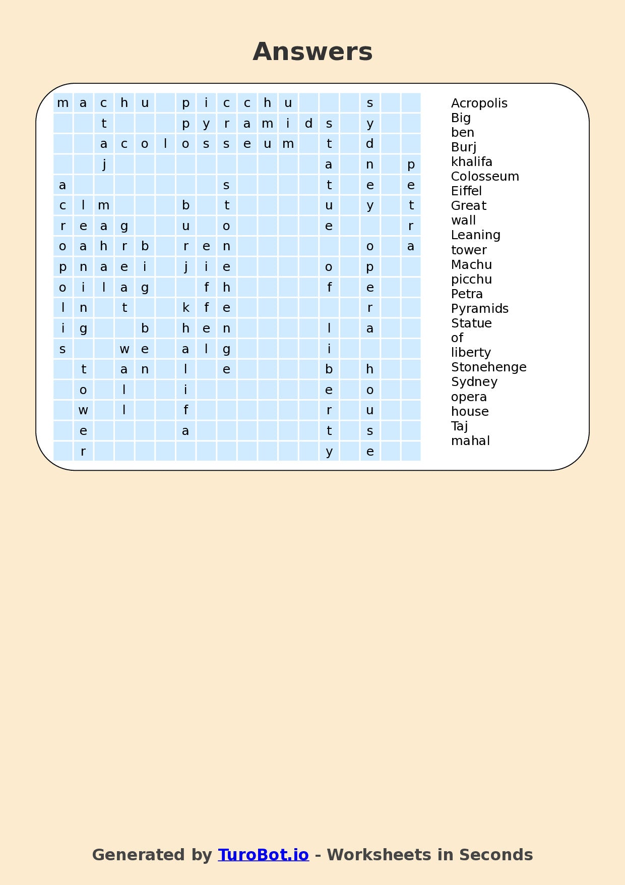 Year 6 General Knowledge Find a Word Worksheet – Names of Famous Landmarks from Around the World