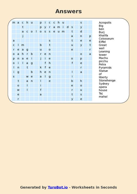 Year 6 General Knowledge Find a Word Worksheet β Names of Famous Landmarks from Around the World