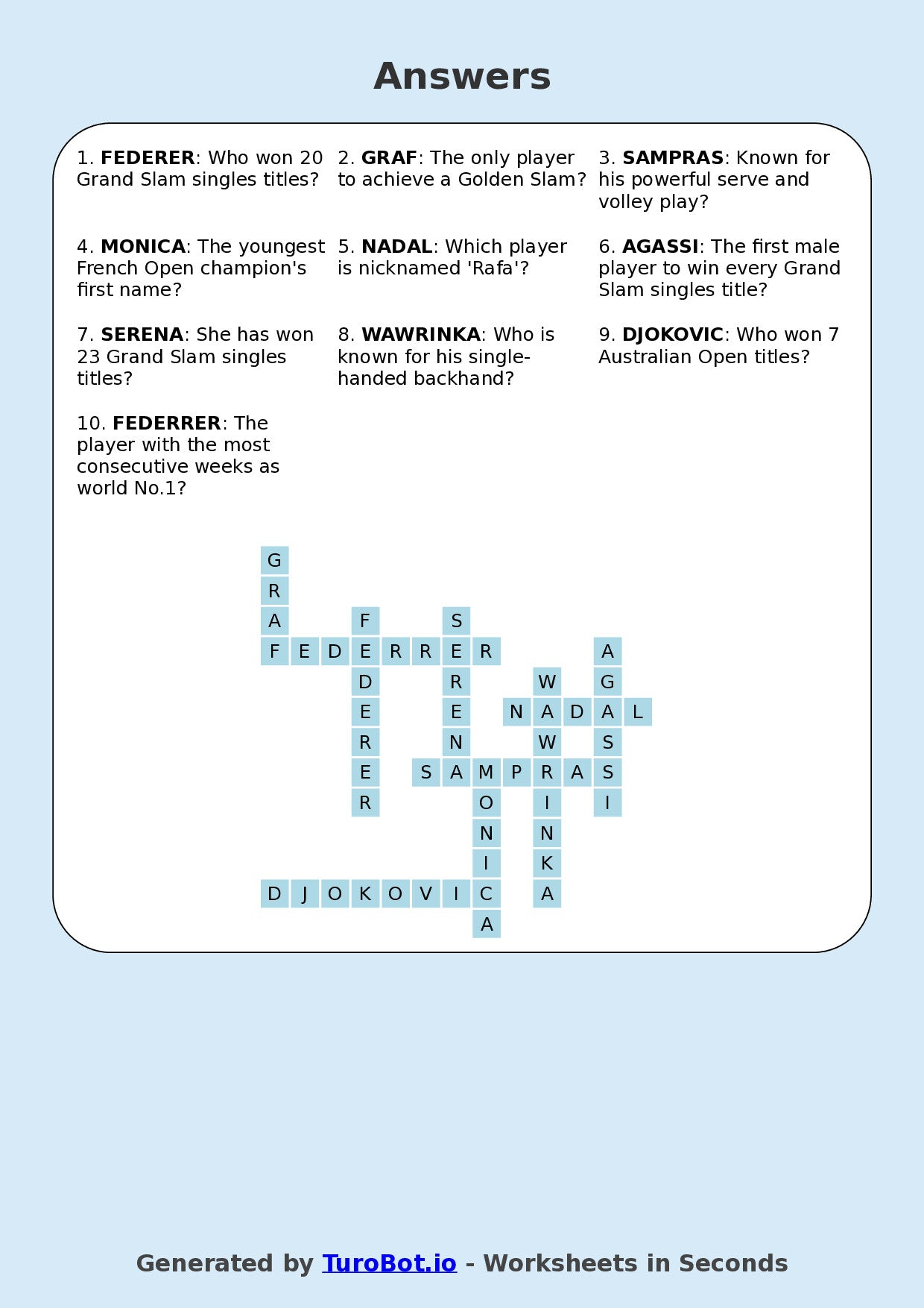 Year 8 General Knowledge Crossword Worksheet – Names of Famous Tennis Players