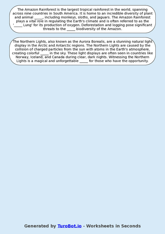 Year 9 General Knowledge Fill in the Blanks Worksheet β Natural Wonders of the World