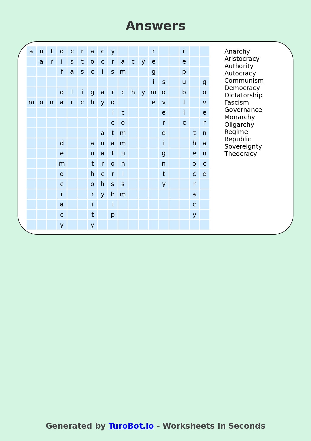 General Knowledge - Year 6 - Find a Word - Types of Governments – Free Find a Word Worksheet