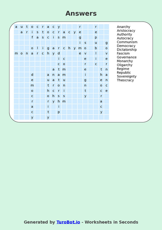 General Knowledge - Year 6 - Find a Word - Types of Governments – Free Find a Word Worksheet