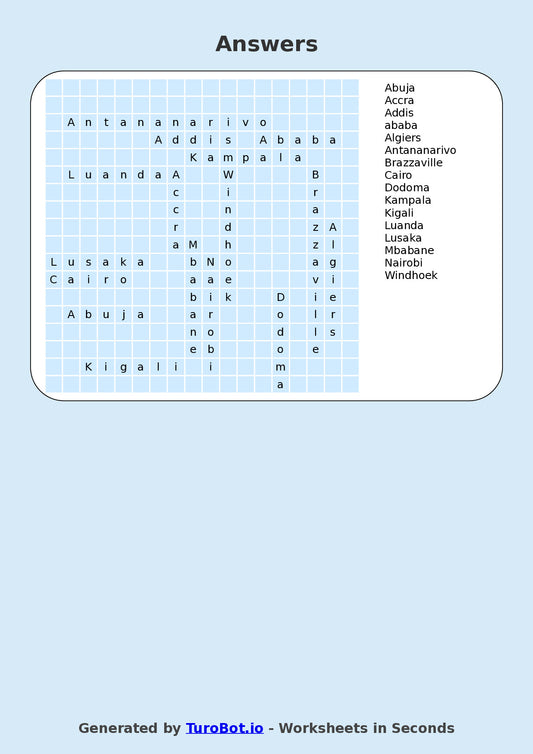 General Knowledge - Year 6 - Find a Word - World Capitals of Africa – Free Find a Word Worksheet