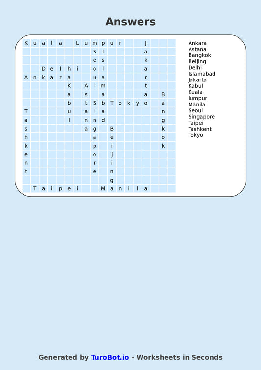 General Knowledge - Year 6 - Find a Word - World Capitals of Asia – Free Find a Word Worksheet