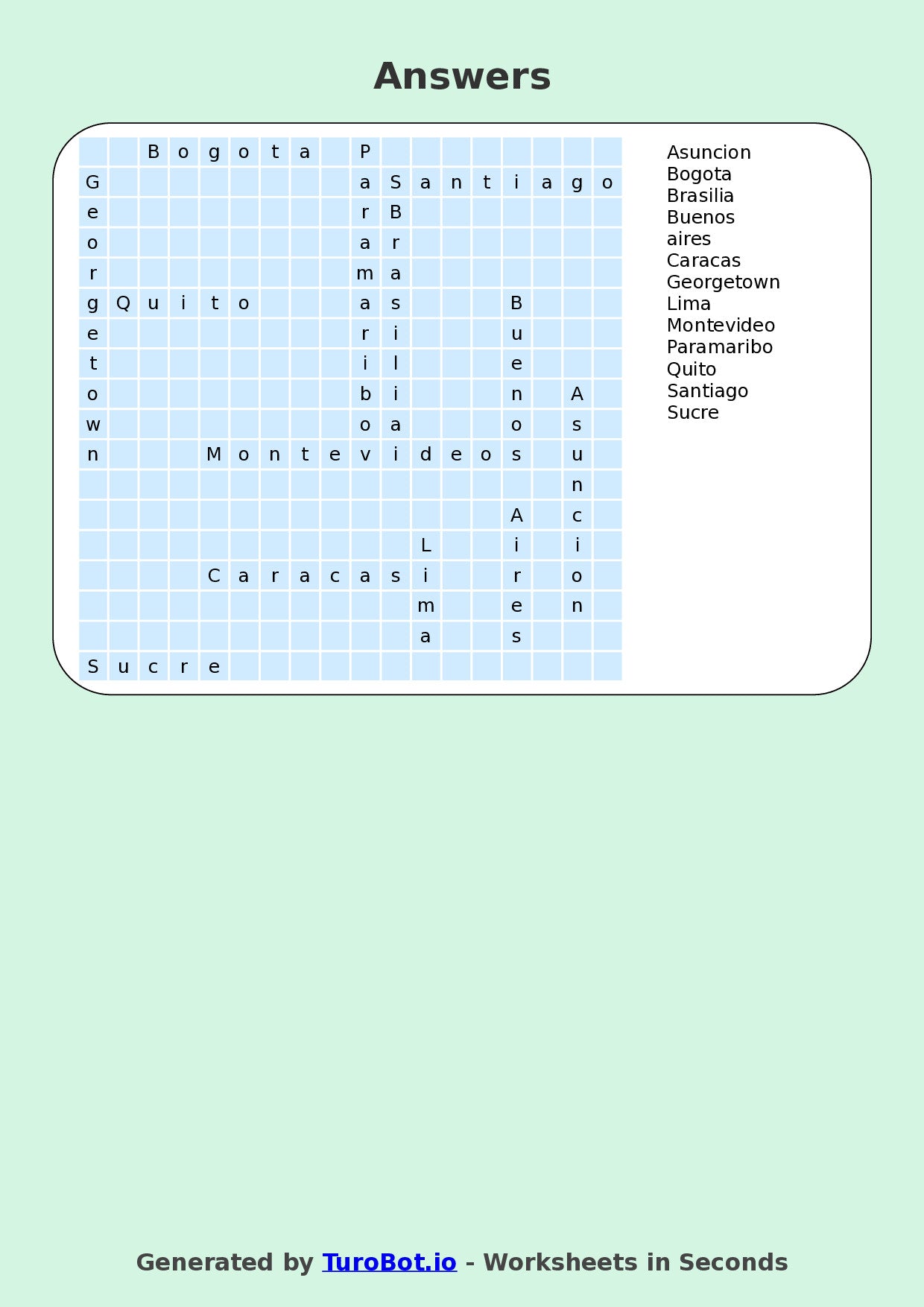 General Knowledge - Year 7 - Find a Word - World Capitals of South America – Free Find a Word Worksheet