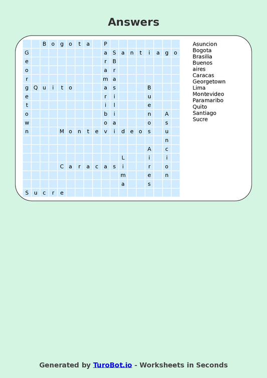 General Knowledge - Year 7 - Find a Word - World Capitals of South America – Free Find a Word Worksheet
