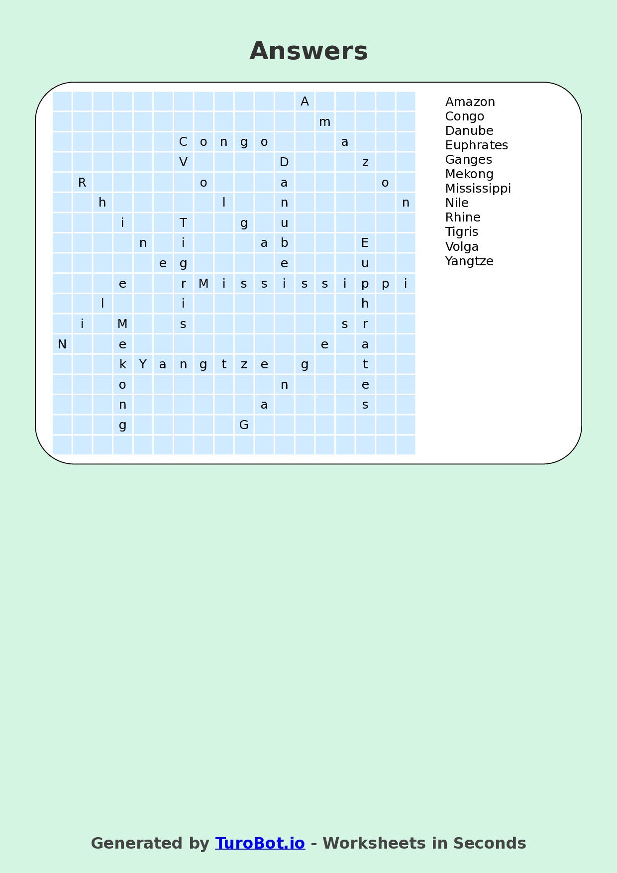 General Knowledge - Year 7 - Find a Word - World Rivers – Free Find a Word Worksheet