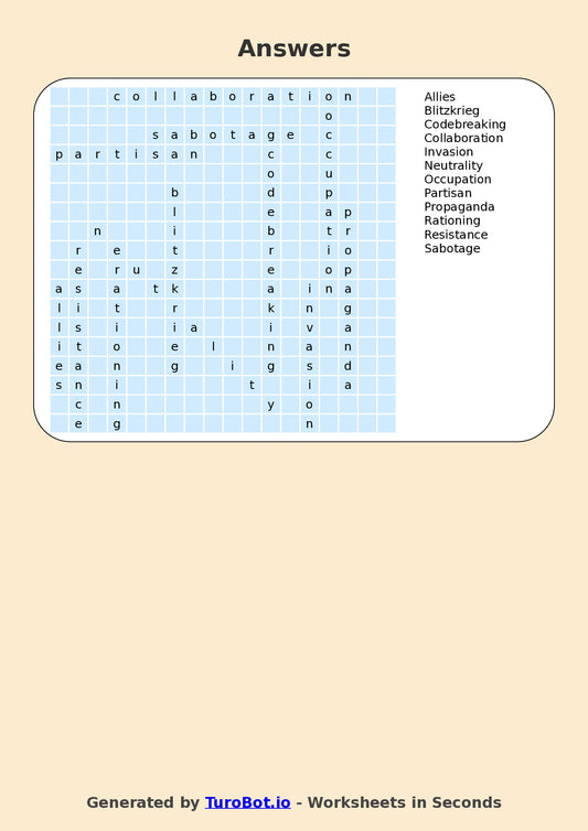 General Knowledge - Year 7 - Find a Word - World War II – Free Find a Word Worksheet