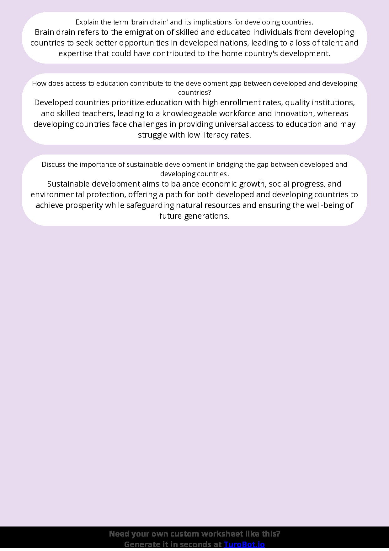 Free Worksheet - Year 10 Geography Comparing Developed and Developing Countries Short Answer Response