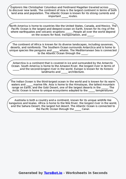 Year 2 Geography Fill in the Blanks Worksheet β Continents and Oceans