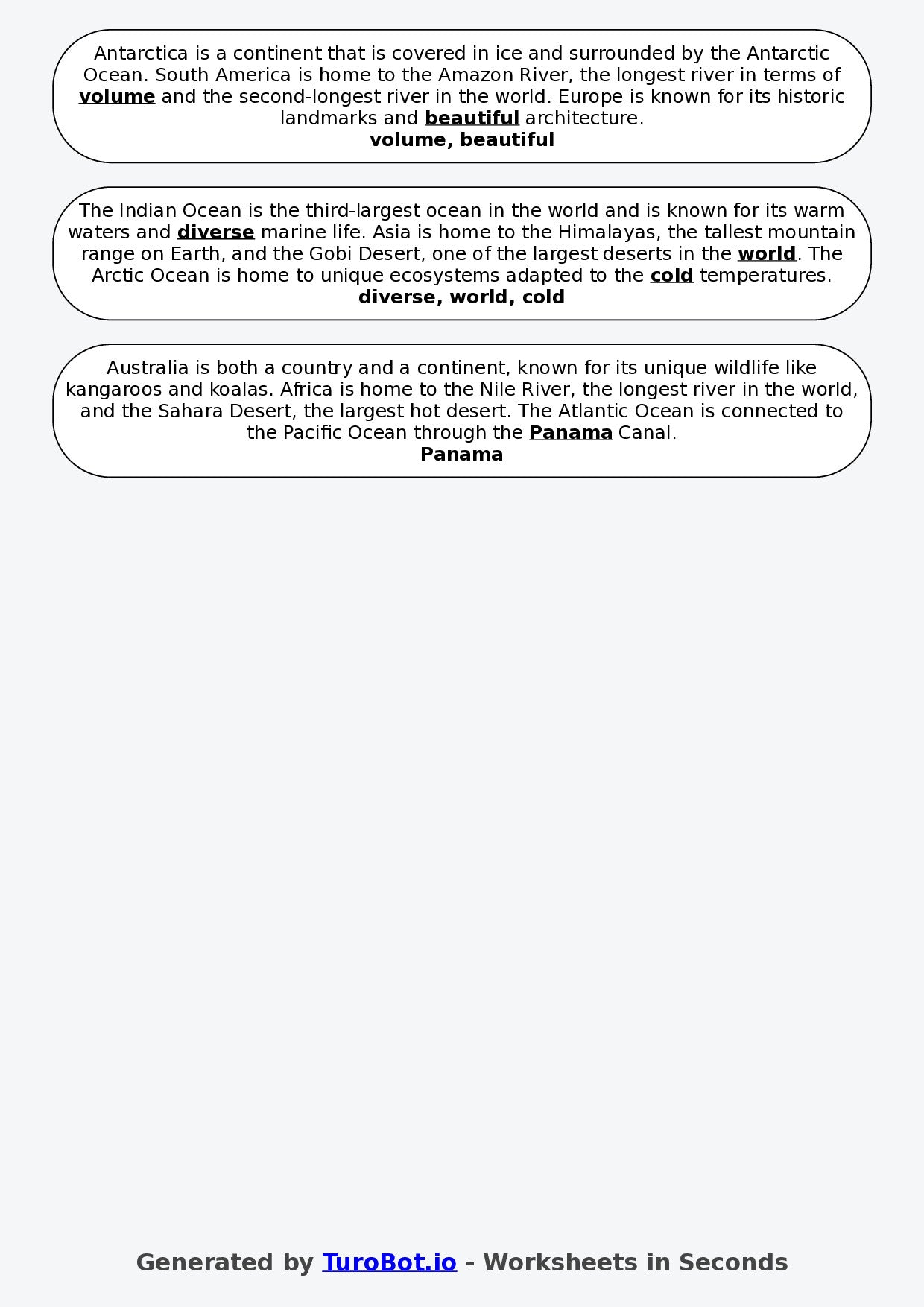 Year 2 Geography Fill in the Blanks Worksheet – Continents and Oceans