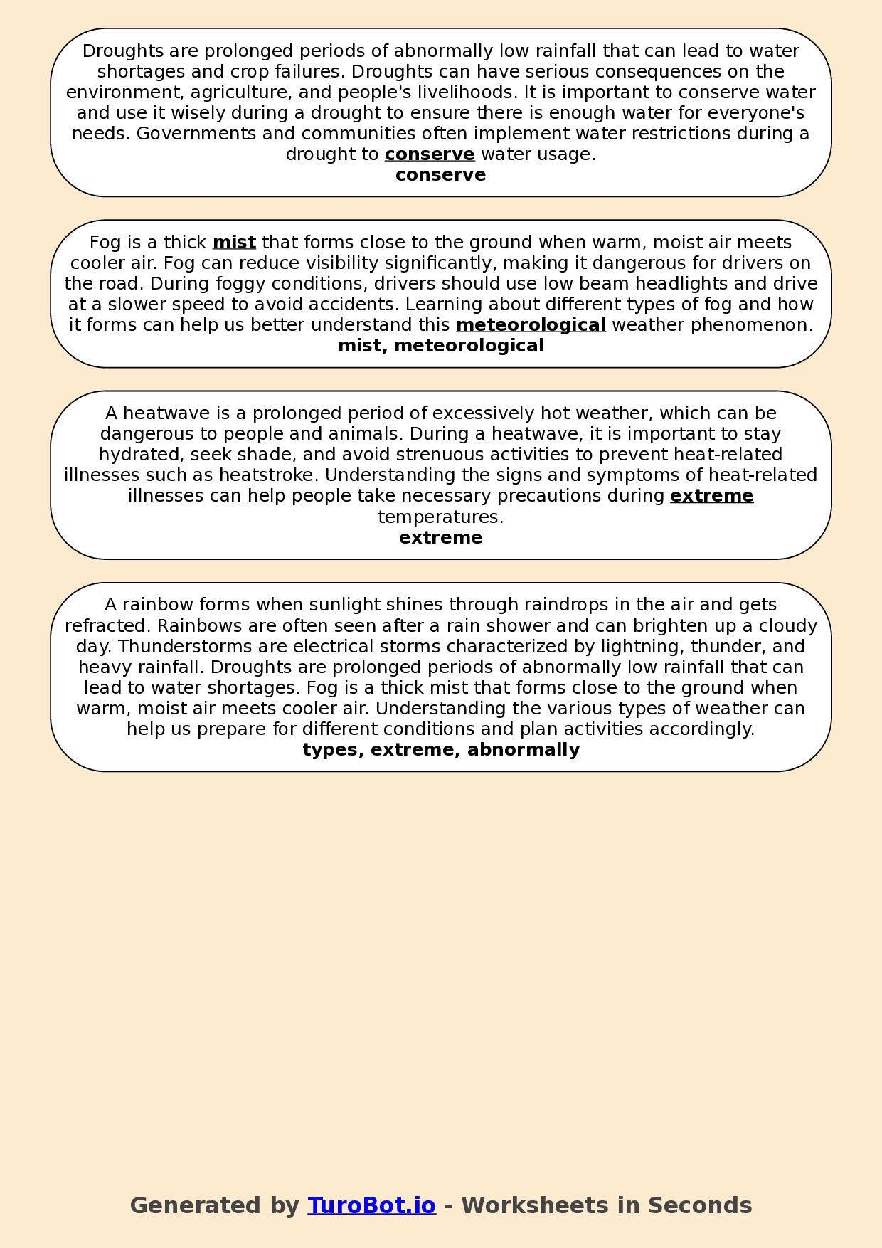 Year 3 Geography Fill in the Blanks Worksheet – Types of Weather