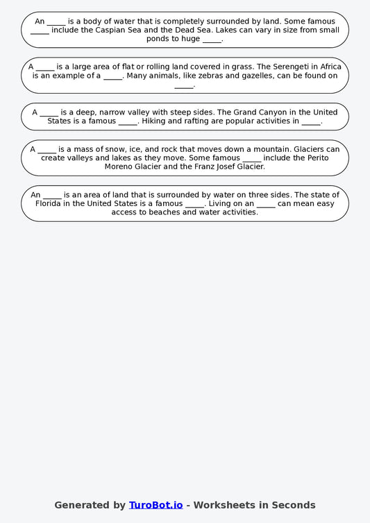 Year 4 Geography Fill in the Blanks Worksheet β Landforms Vocabulary