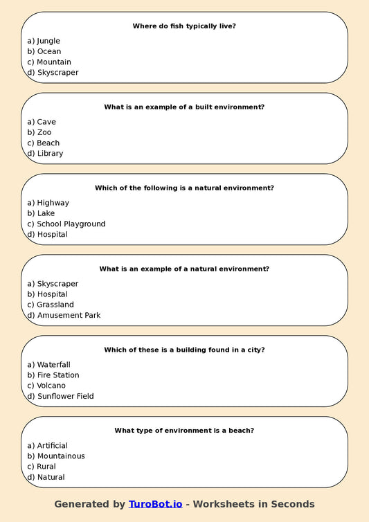 Year 4 Geography Multiple Choice Worksheet β Natural and Built Environments