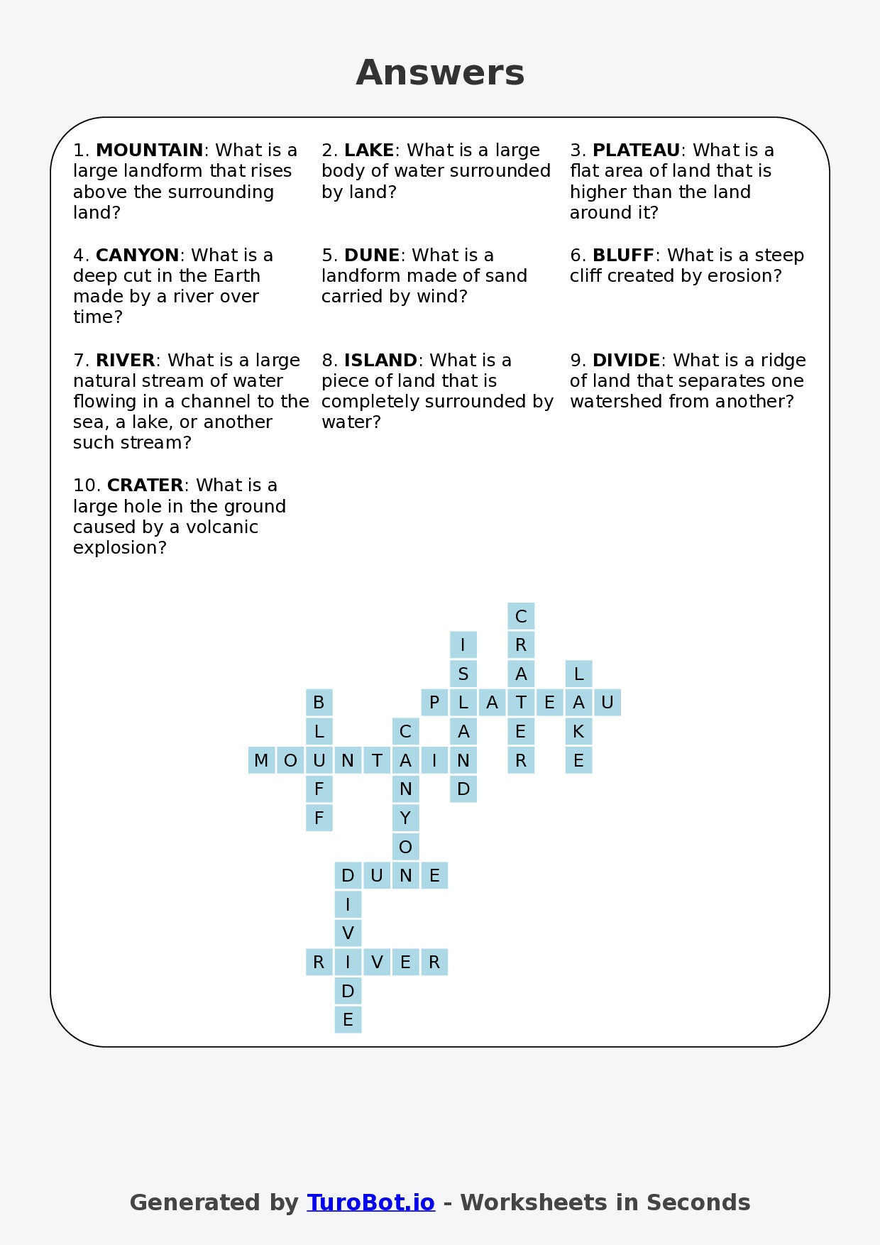 Year 6 Geography Crossword Worksheet – Landforms Vocabulary