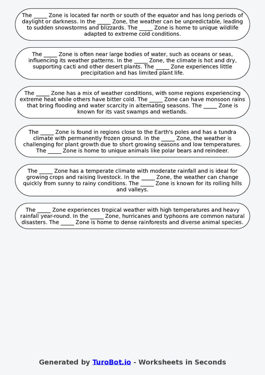 Year 6 Geography Fill in the Blanks Worksheet β Climate Zones