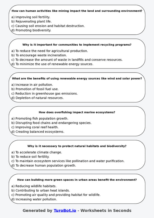 Year 6 Geography Multiple Choice Worksheet β Human Impact on Environments