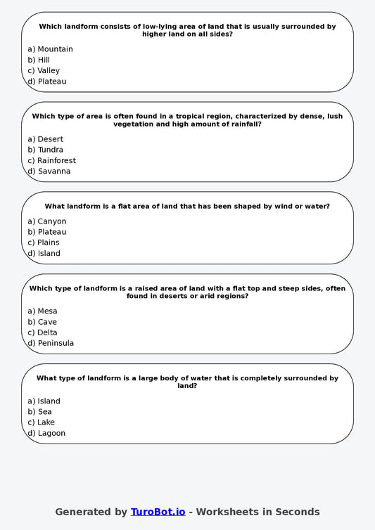 Year 6 Geography Multiple Choice Worksheet β Landforms and Landscapes