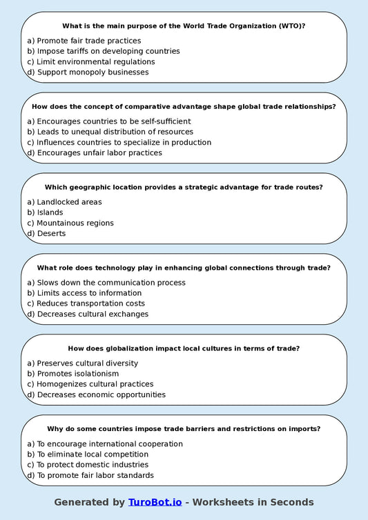 Year 8 Geography Multiple Choice Worksheet β Global Connections and Trade