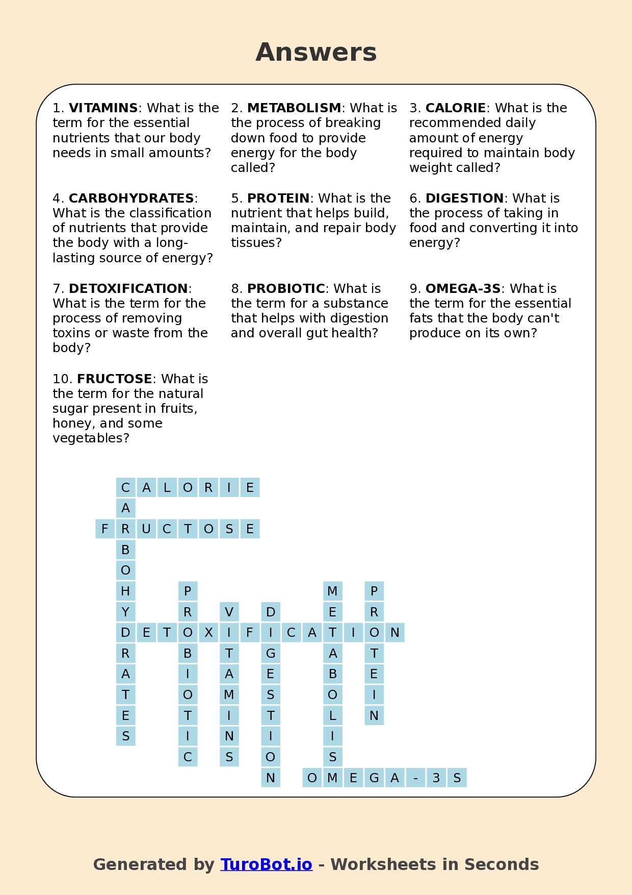Health and Wellbeing - Year 9 - Crossword - Nutrition and Healthy Eating