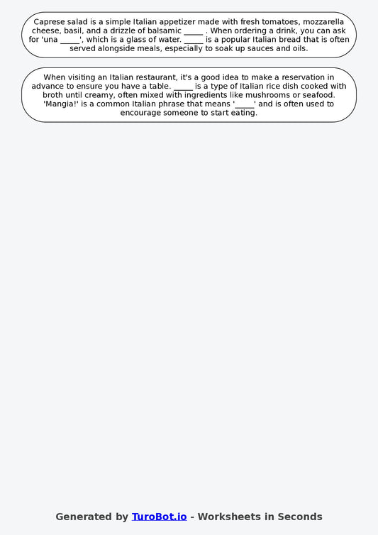 Year 7 Italian Fill in the Blanks Worksheet – Italian Food & Restaurant Vocabulary